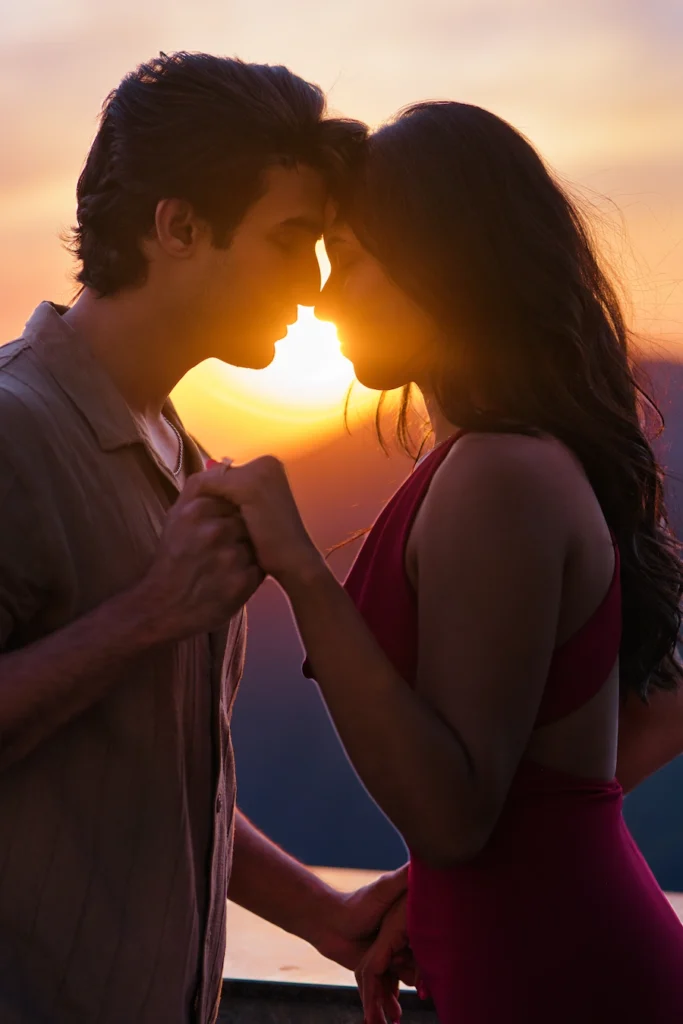 Sunset proposal portrait of a couple sharing an intimate moment in Mussoorie