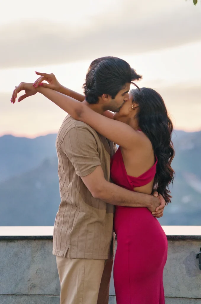 Couple embracing during a dreamy proposal shoot in the hills of Uttarakhand