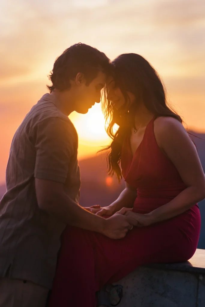 Proposal session capturing genuine emotions and a romantic sunset kiss