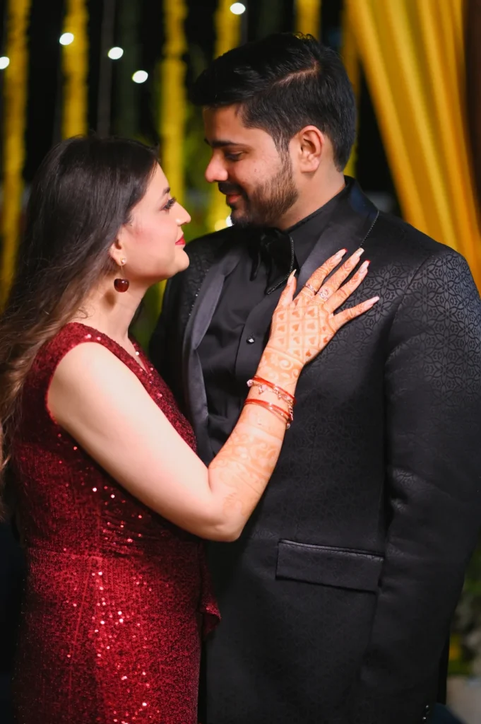 Wedding Photography showcasing a stylish couple portrait with elegant evening attire and romantic expressions