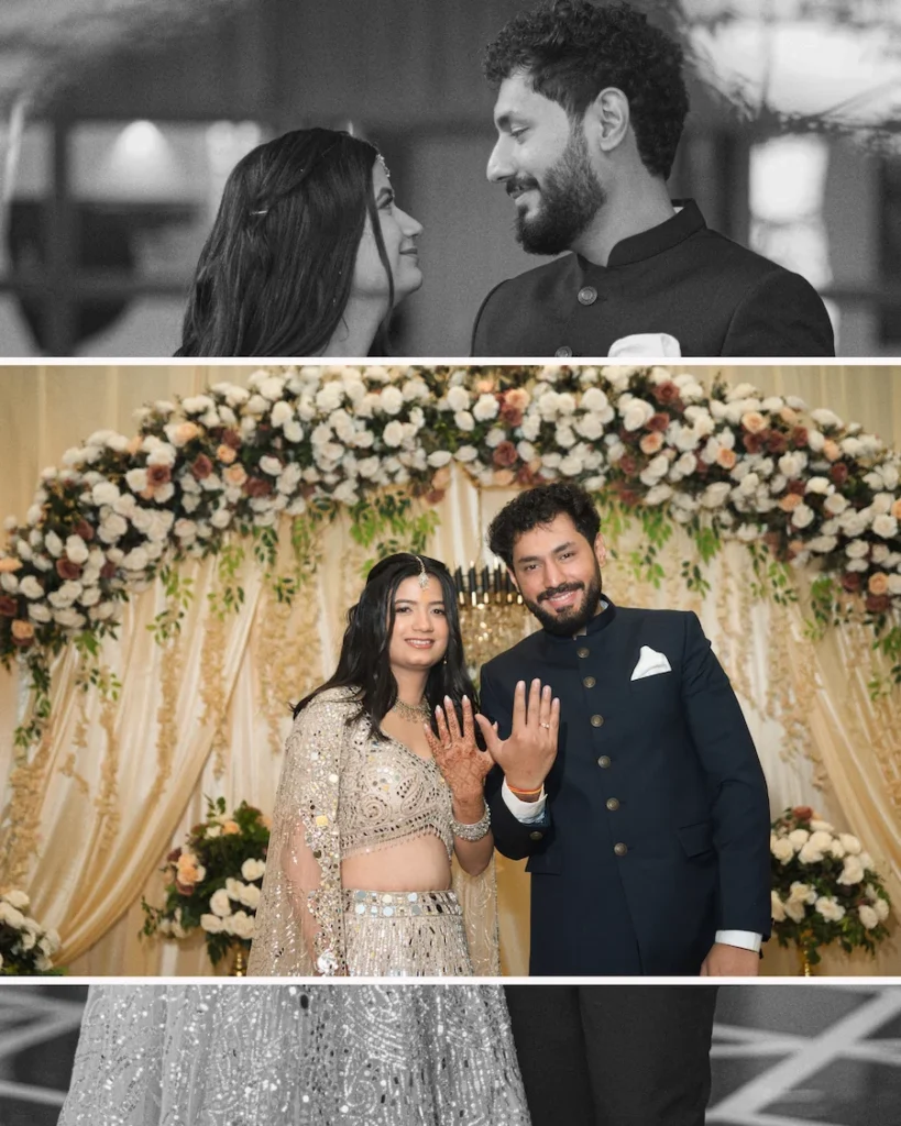 Elegant engagement collage featuring a happy couple, candid portraits, and ring ceremony moments with floral décor.
