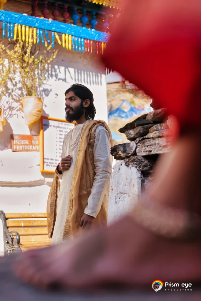 Groom waiting peacefully before the wedding rituals at the temple