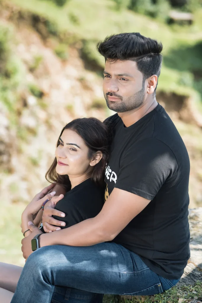 Romantic portrait of a couple enjoying a peaceful lakeside moment.