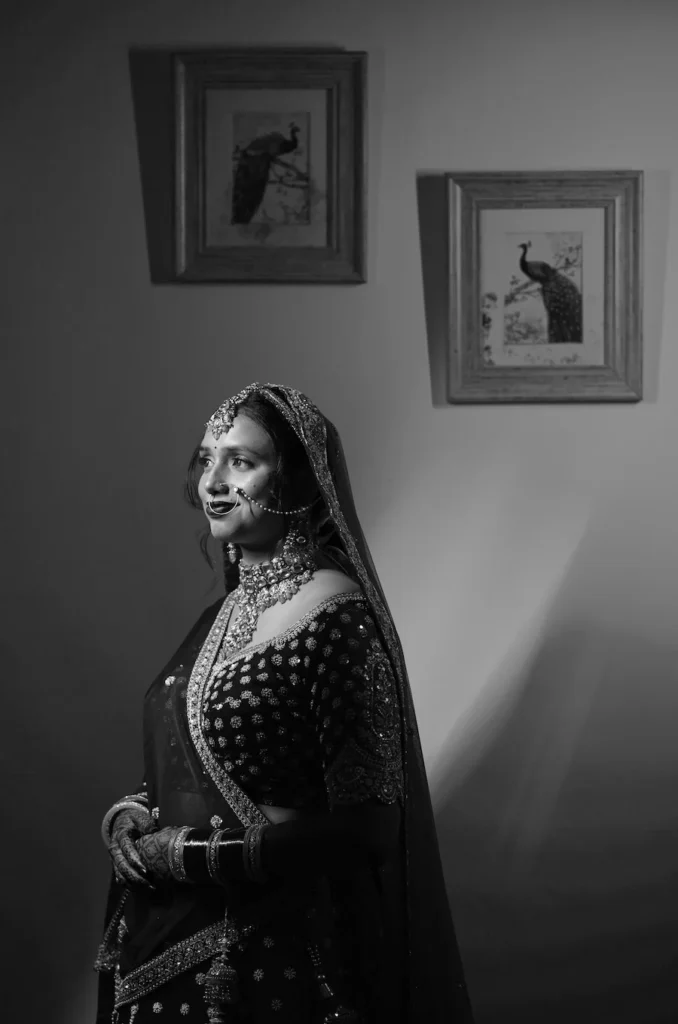 Elegant black and white bridal portrait highlighting timeless beauty and emotions.