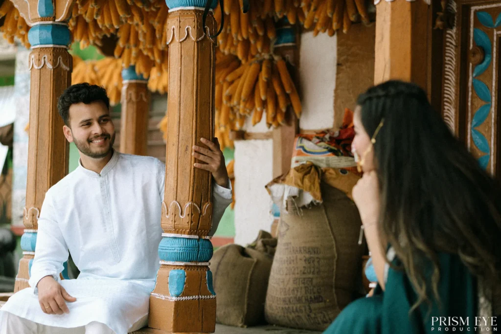 Pre-Wedding Shoot candid couple portrait in a traditional corn village showcasing authentic village romance