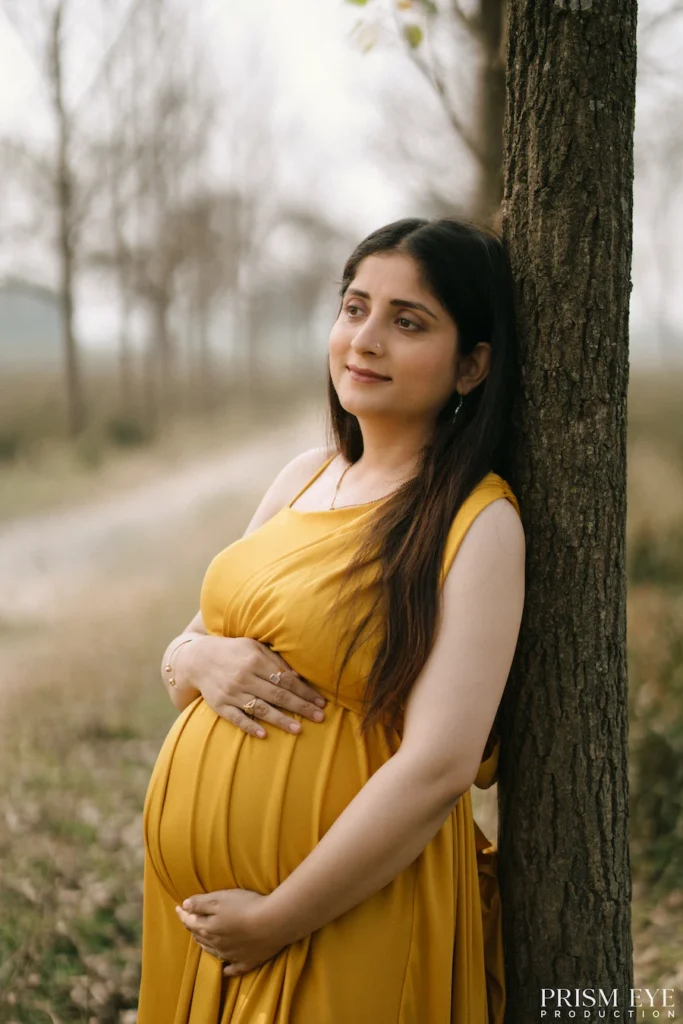 Close-up portrait of an expecting mother leaning against a tree with a calm and joyful expression.