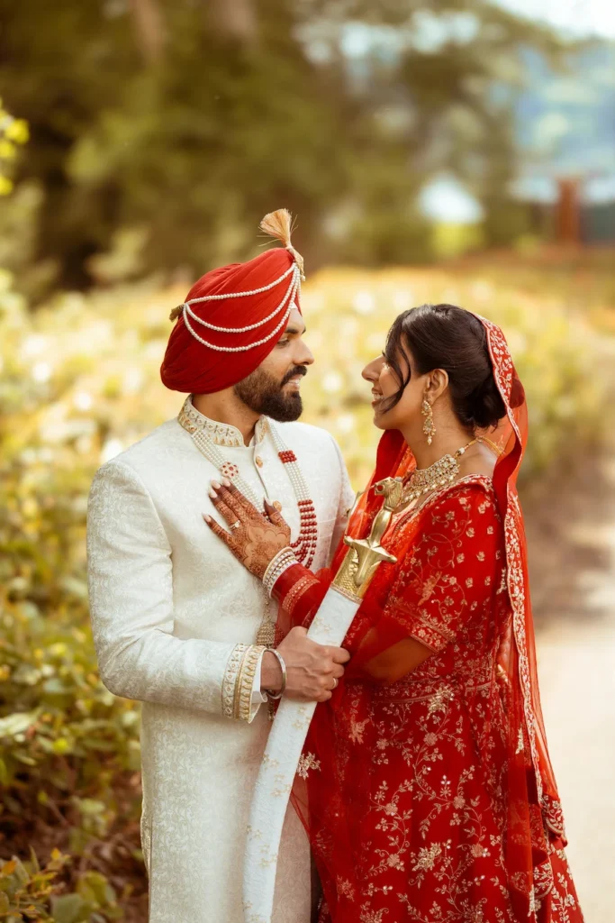 Punjabi wedding in Rishikesh couple portrait with bride and groom in traditional Sikh wedding attire
