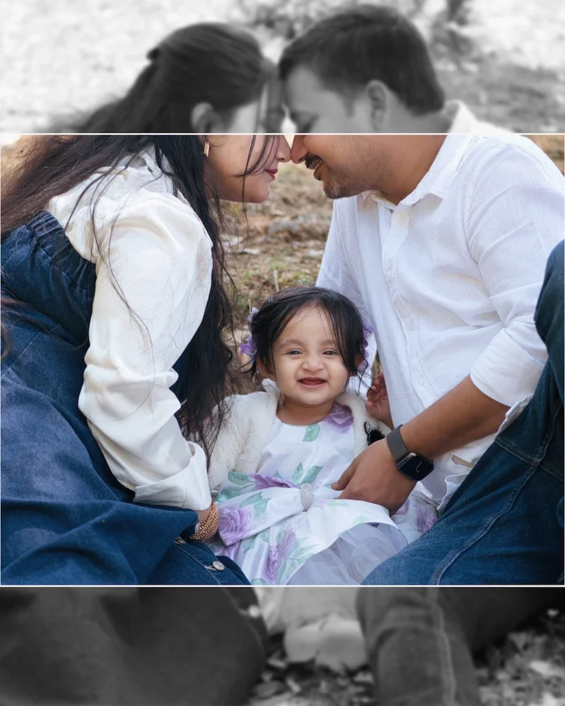 Loving parents cuddling their smiling daughter during a family portrait session.
