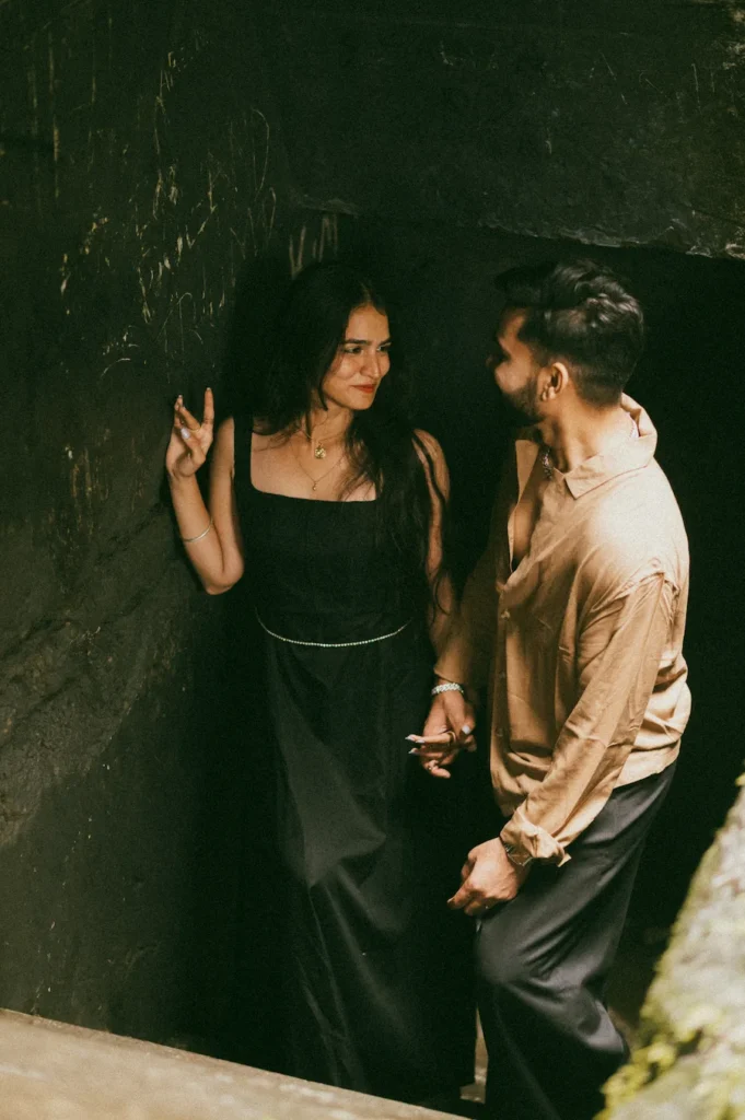 Candid couple portrait inside a historic stone passage during a Pre Wedding Shoot in Mussoorie