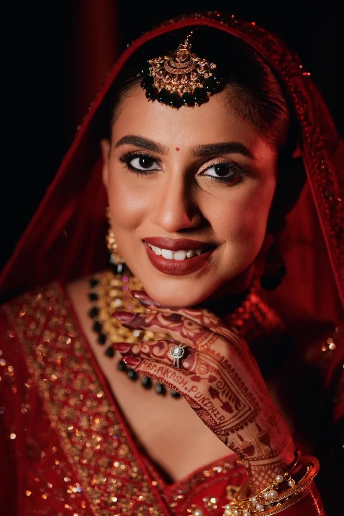 Elegant bridal close-up highlighting traditional jewelry, bridal makeup, and intricate henna details.