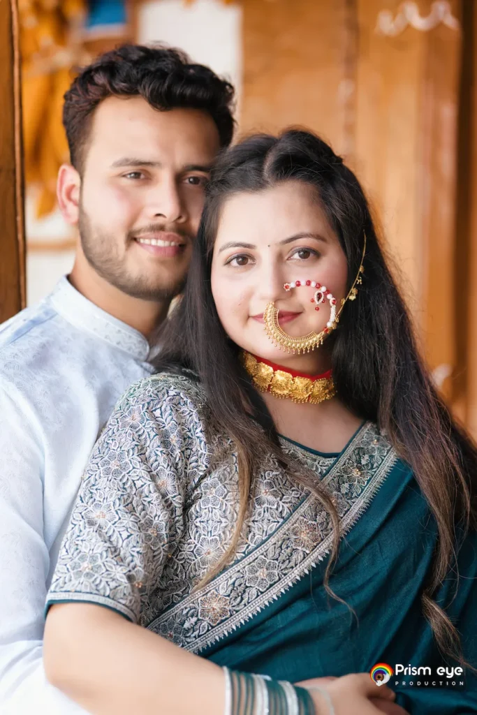 Traditional Pahadi Pre-Wedding couple showcasing authentic Uttarakhand culture and traditional jewelry