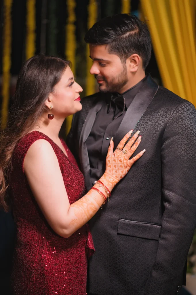 Best wedding photographer in Dehradun documenting a romantic couple portrait at an elegant wedding event
