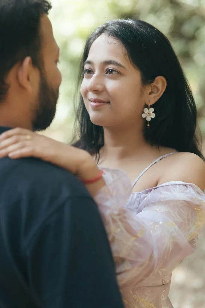 Professional Pre Wedding Photographer in Dehradun capturing a romantic close-up portrait of a couple during an outdoor pre wedding shoot.