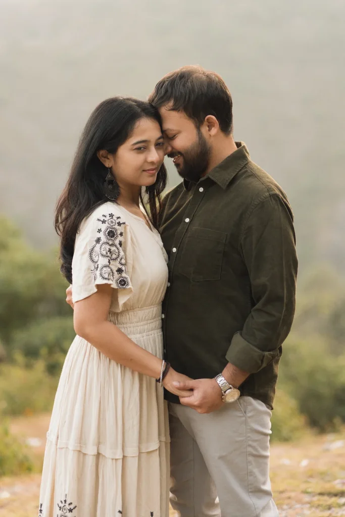 Professional Pre Wedding Photographer in Dehradun capturing a romantic couple portrait in the scenic hills of Uttarakhand.