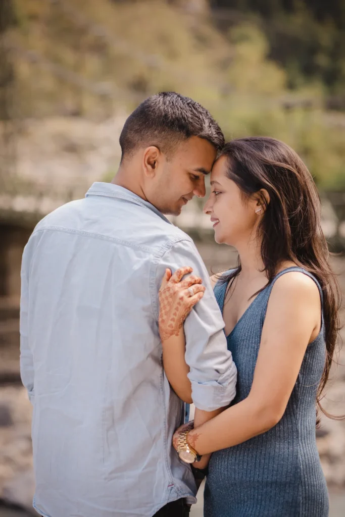 Romantic riverside couple portrait during a pre-wedding shoot