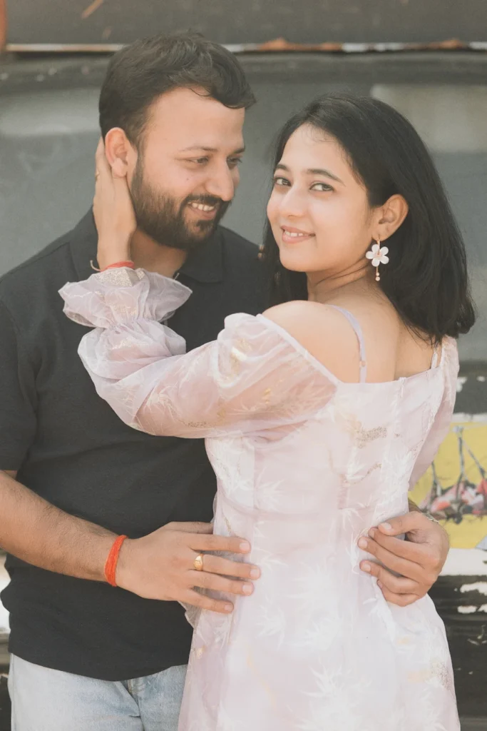 Natural pre wedding portrait of a couple embracing during a destination photoshoot in Uttarakhand.
