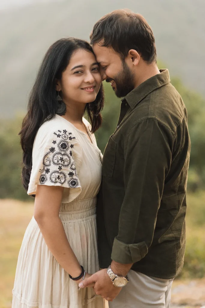Professional Pre Wedding Photographer in Dehradun capturing a romantic couple portrait in the scenic hills of Uttarakhand.