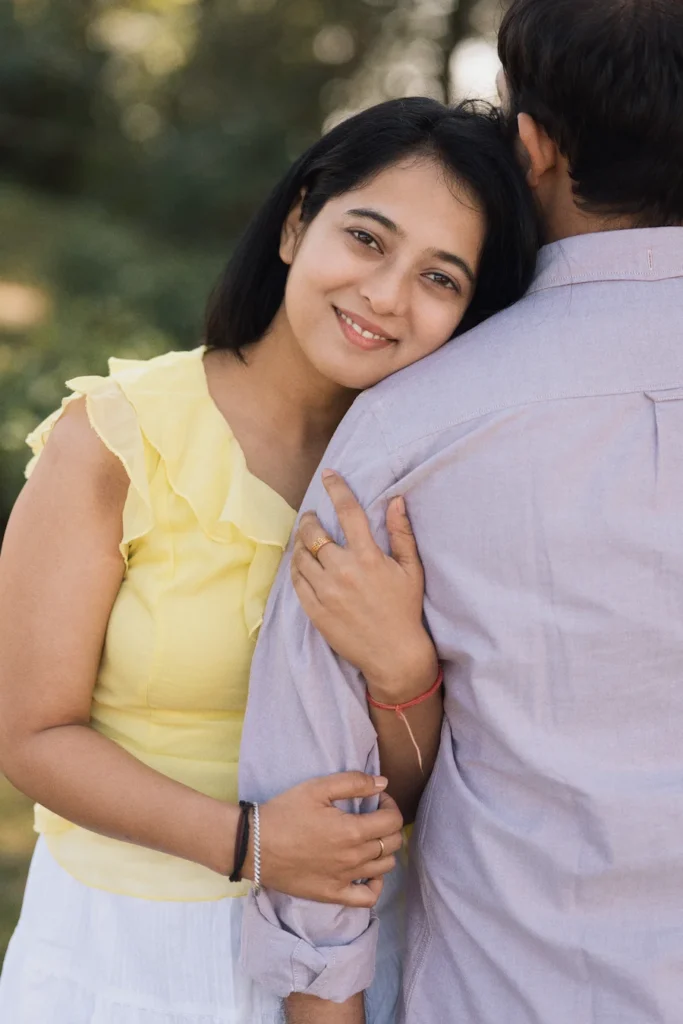 Romantic engagement-style portrait of a couple sharing a heartfelt moment during a pre wedding shoot in Uttarakhand.