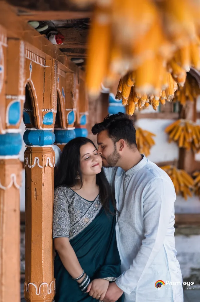 Traditional Pahadi Pre-Wedding couple portrait showcasing authentic Uttarakhand village heritage and culture