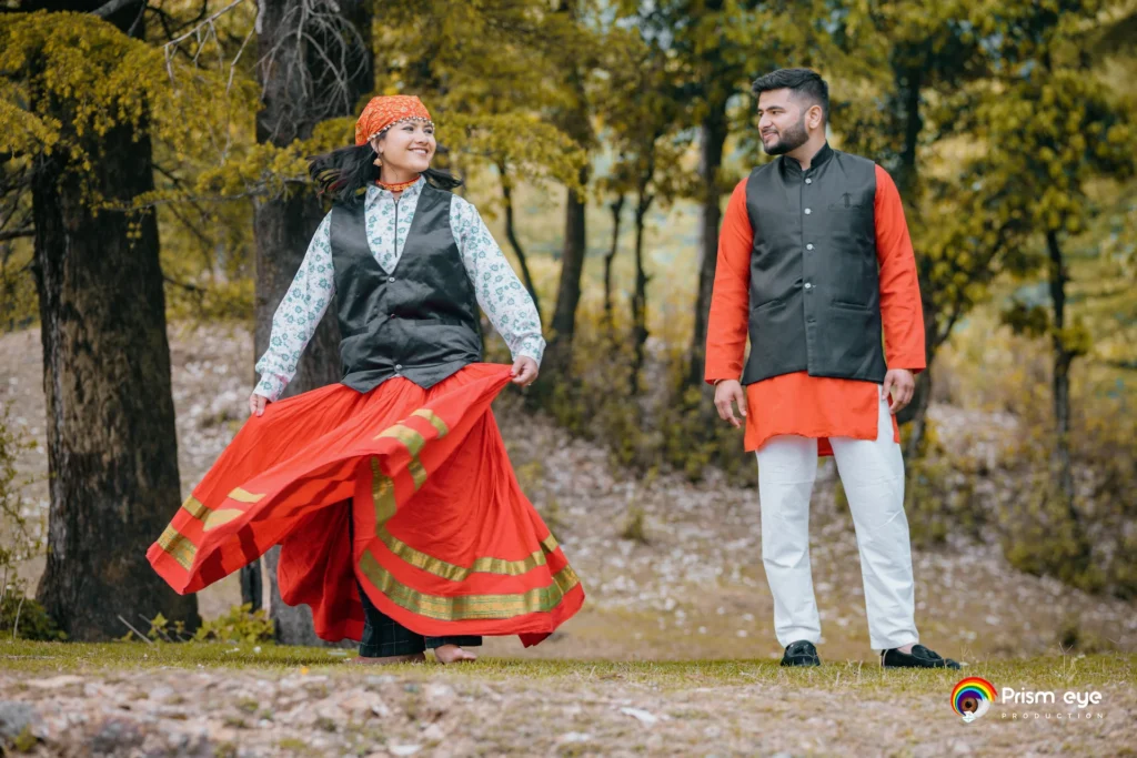 Traditional Pahadi Pre-Wedding photography featuring authentic Pahadi architecture and local traditions