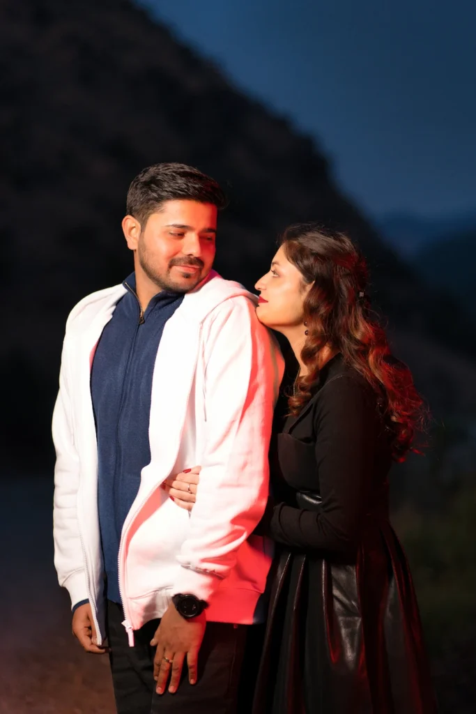 Cinematic evening portrait from a pre-wedding shoot in the mountains