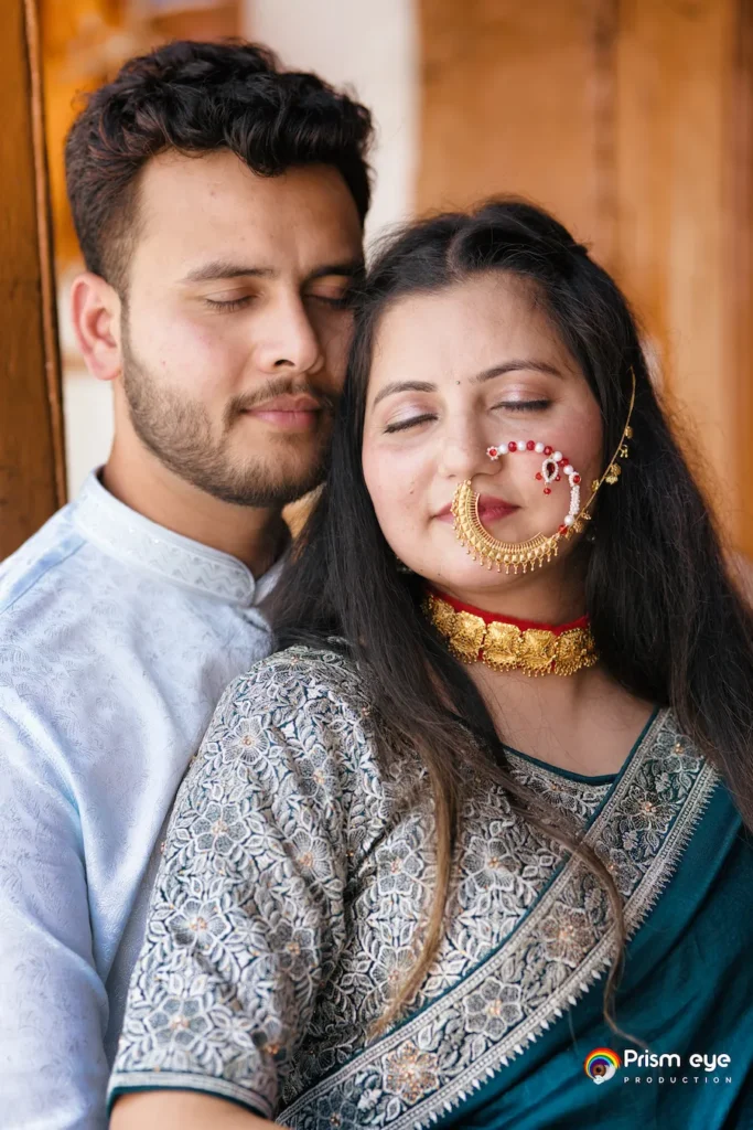 Traditional Pahadi Pre-Wedding portrait highlighting traditional Garhwali jewelry and cultural attire