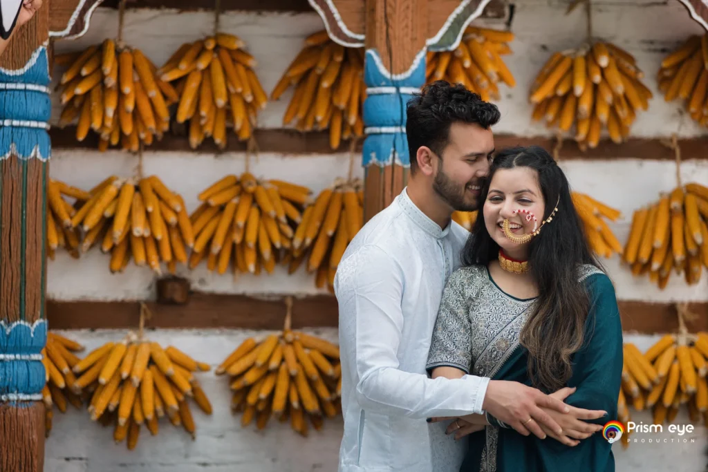 Traditional Pahadi Pre-Wedding shoot highlighting Uttarakhand village heritage and cultural romance