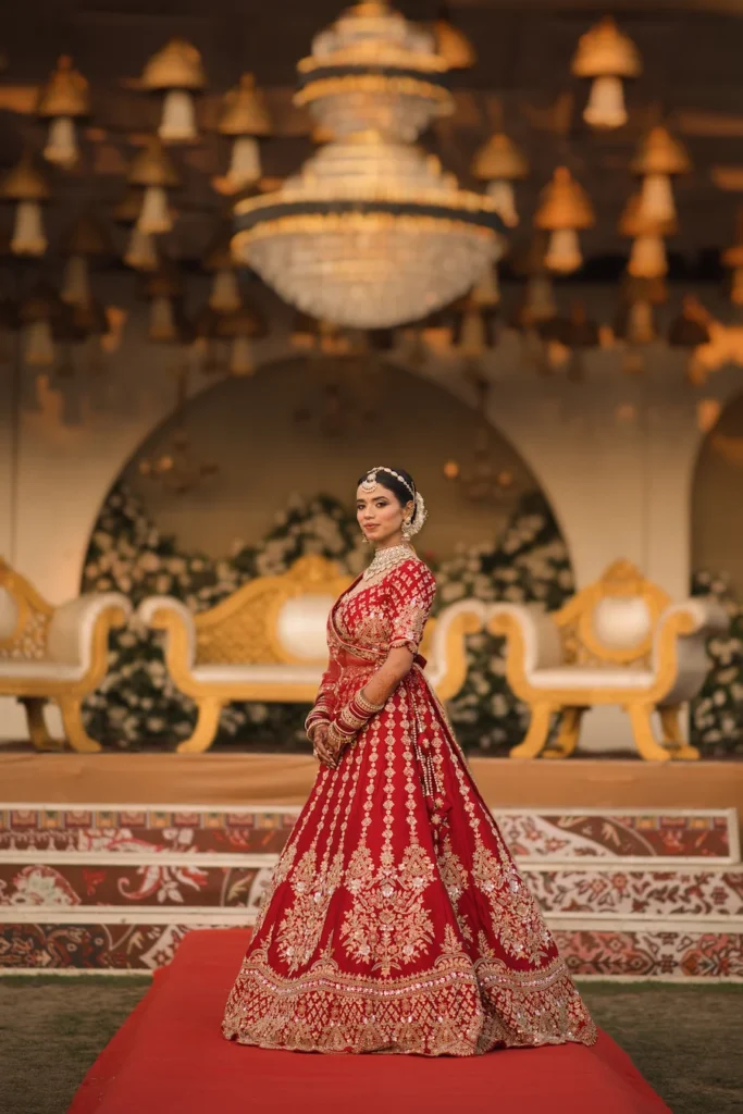 Wedding photography packages in Dehradun featuring elegant bridal portrait on a luxury wedding stage