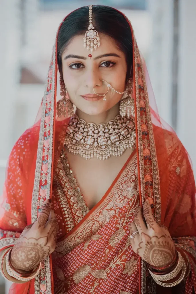 Destination Weddings bride portrait showcasing traditional Uttarakhand bridal jewelry and attire
