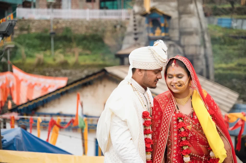 Destination Weddings at Triyuginarayan Temple with traditional bride and groom ceremony in Uttarakhand