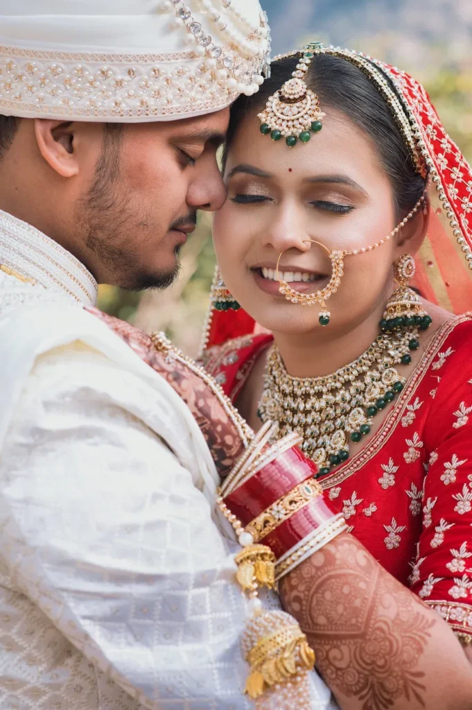 Romantic couple portrait during Destination Weddings with traditional wedding attire and candid emotions