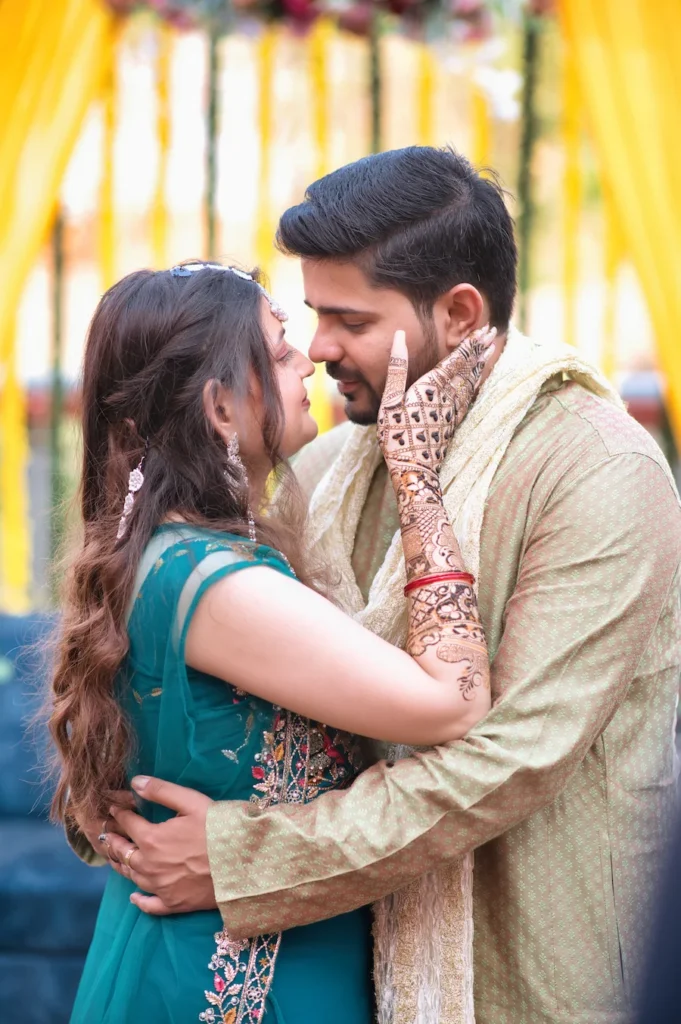 Romantic couple portrait during pre-wedding festivities and wedding celebrations