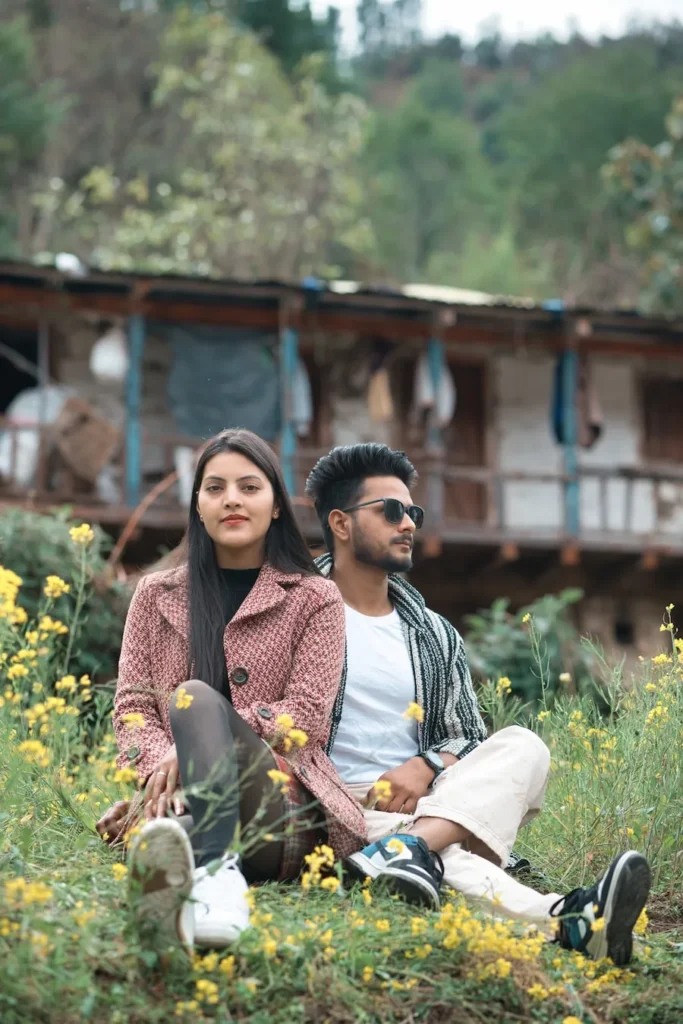Destination Weddings couple portrait in a traditional Himalayan village surrounded by nature