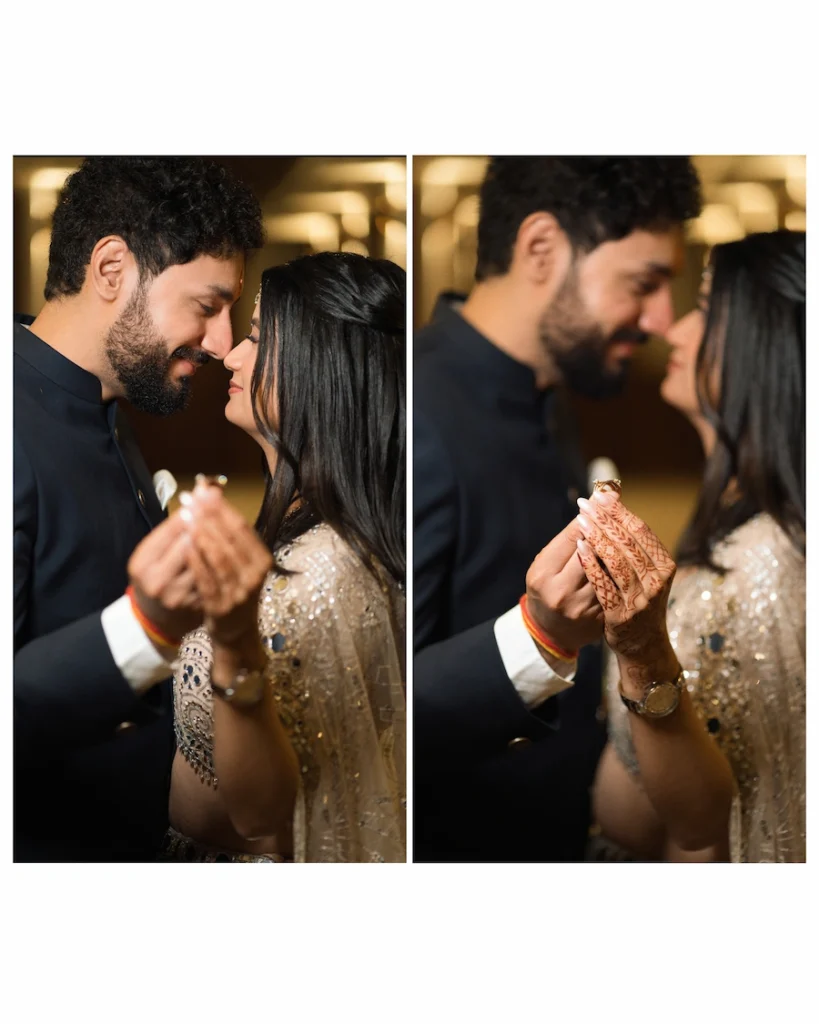 Dehradun Wedding Photographer capturing the couple exchanging rings during a candid engagement ceremony.