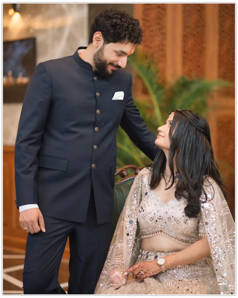 Dehradun Wedding Photographer capturing the bride and groom sharing a heartfelt gaze during their elegant engagement portrait.