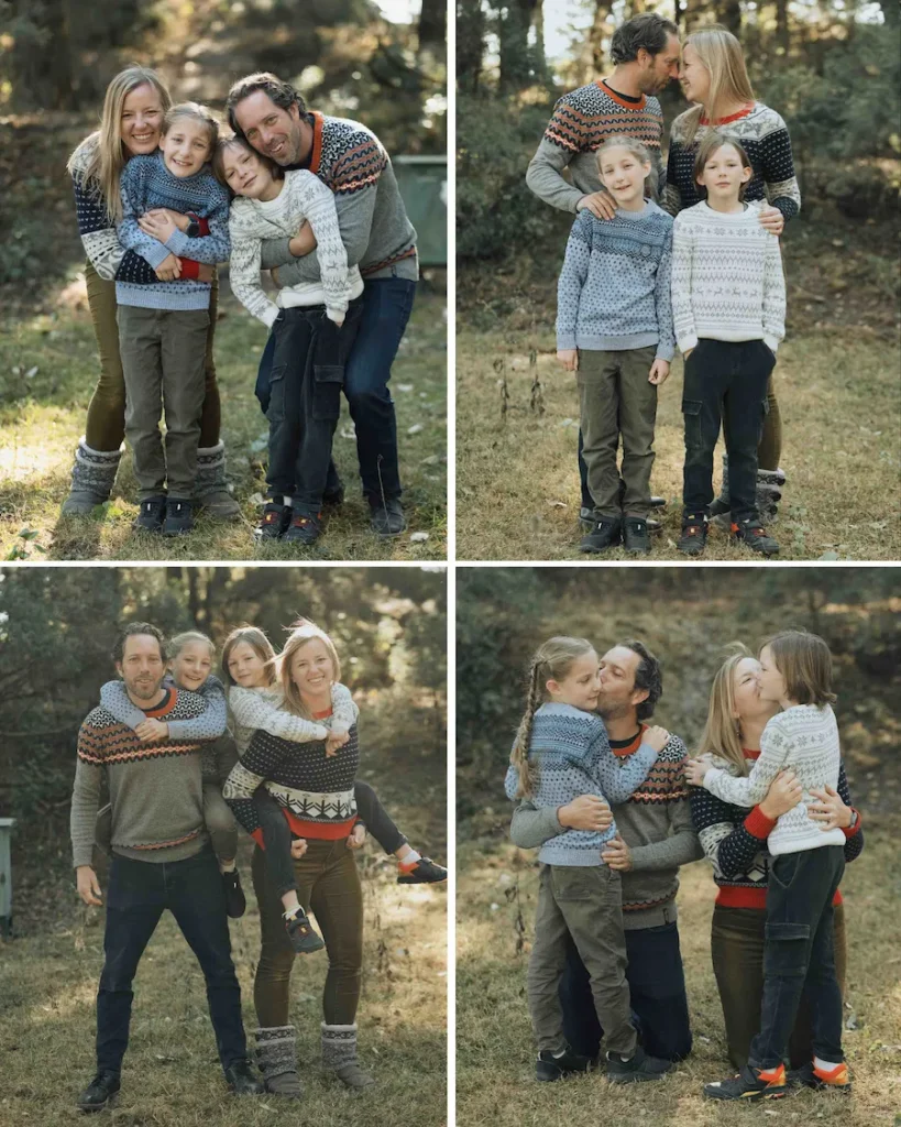 Parents and children sharing warm hugs and smiles during an outdoor portrait session in Mussoorie.