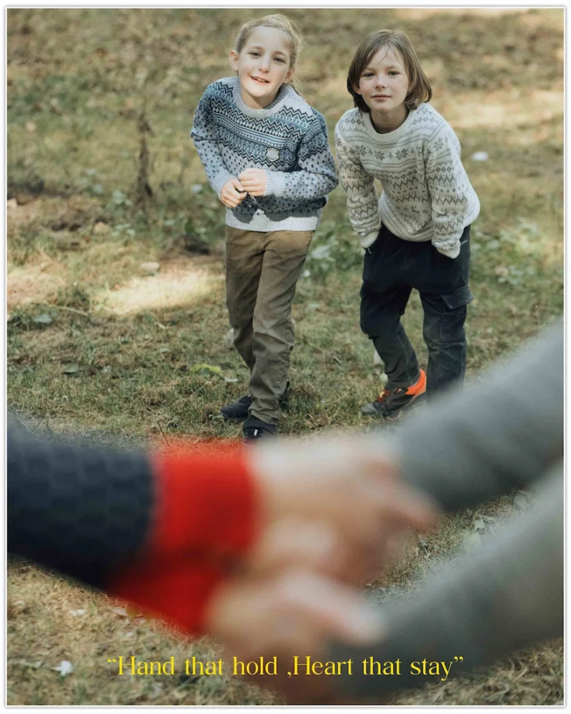 Family walking hand in hand through the scenic pine forest, enjoying a peaceful day together.