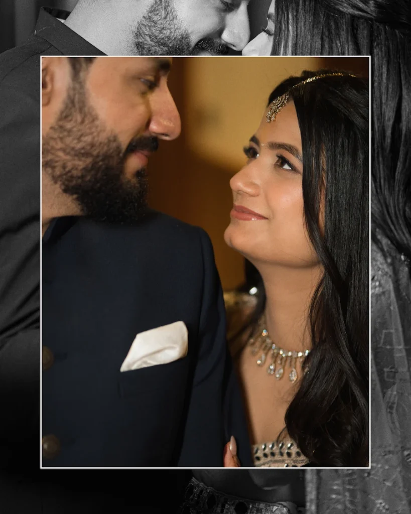 Romantic close-up portrait of the couple sharing an intimate gaze during their engagement celebration.