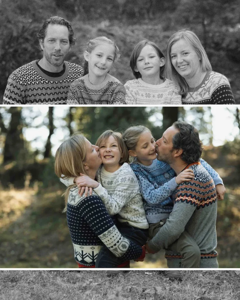 Black and white portrait of a smiling family enjoying a relaxed outdoor moment together.