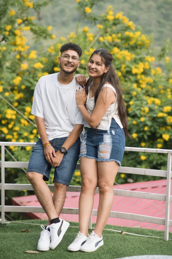 Spring pre-wedding photography among blooming flowers during the best time for pre-wedding shoot in Dehradun