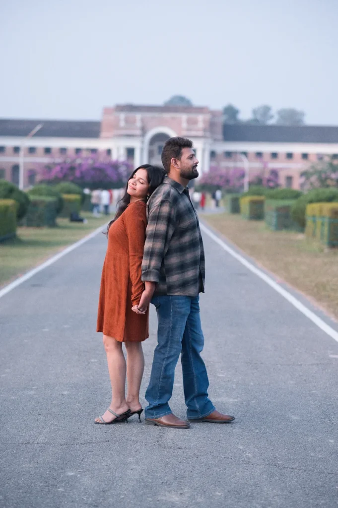 Romantic couple portrait with a heritage backdrop during the best time for pre-wedding shoot in Dehradun
