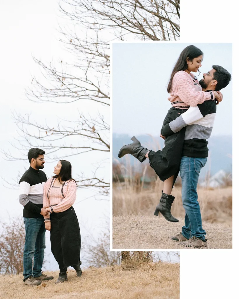 Couple enjoying a scenic outdoor session during the best time for pre-wedding shoot in Dehradun