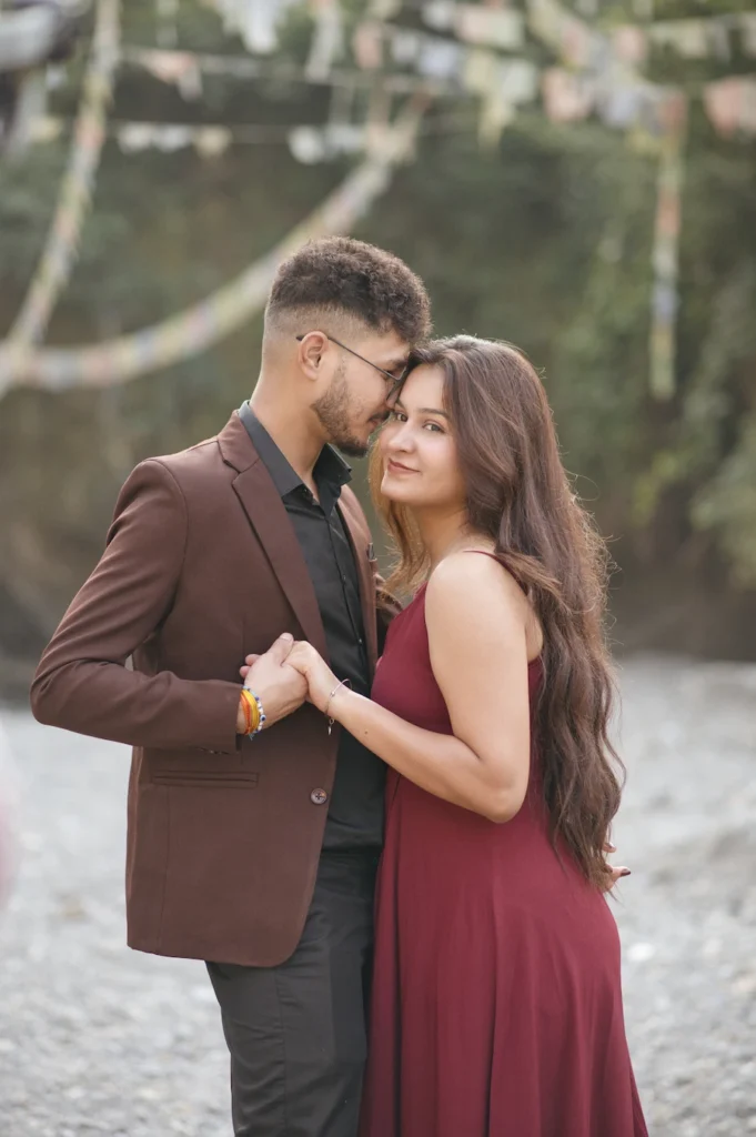 Elegant couple portrait captured during the best time for pre-wedding shoot in Dehradun beside a riverside trail