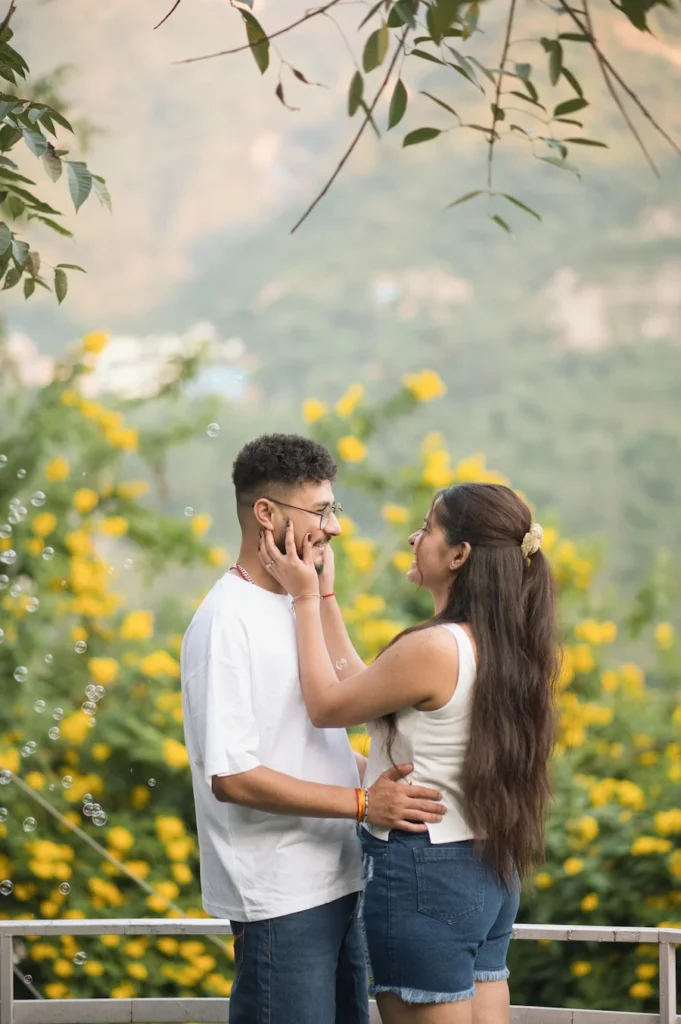 Romantic flower garden session showcasing the best time for pre-wedding shoot in Dehradun