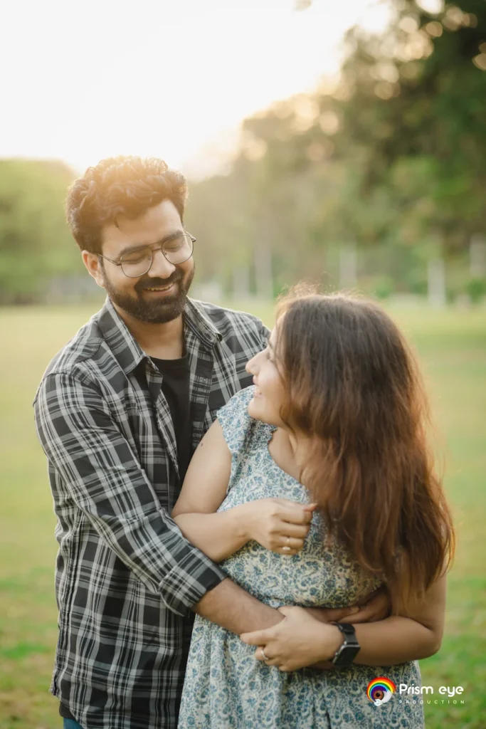 Playful outdoor couple portrait showcasing the best time for pre-wedding shoot in Dehradun