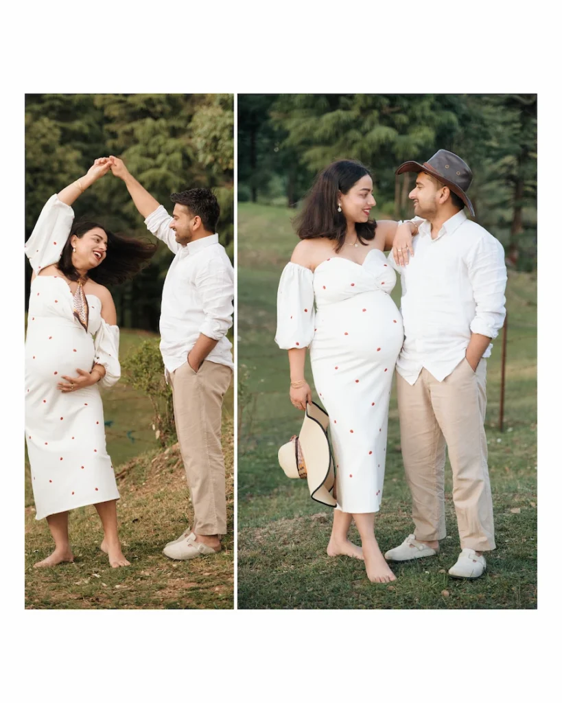 Stylish maternity photoshoot featuring expecting parents in a natural outdoor setting