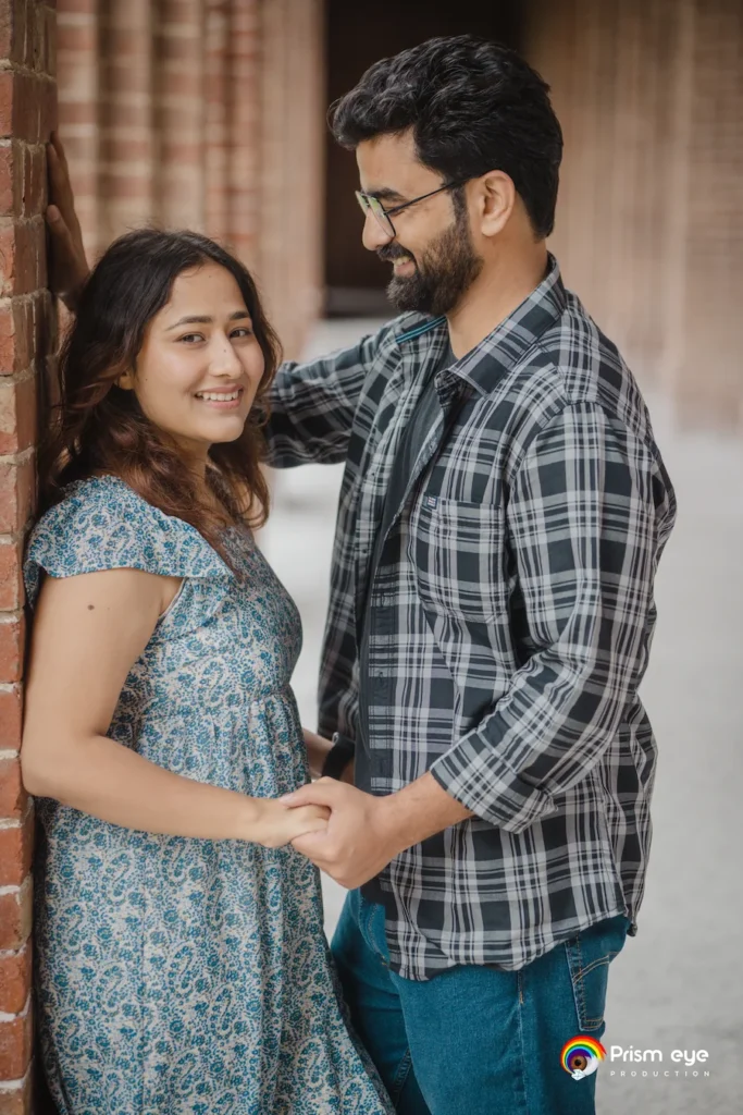 Romantic couple portrait in a heritage-style corridor during the best time for pre-wedding shoot in Dehradun