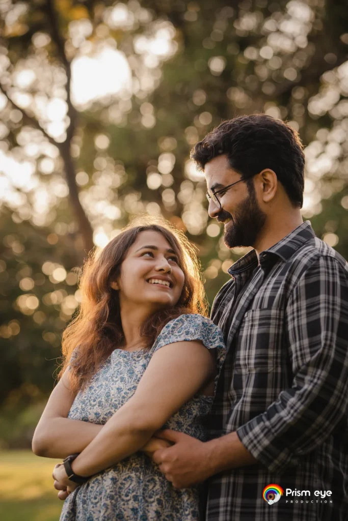 Couple enjoying a golden hour portrait during the best time for pre-wedding shoot in Dehradun