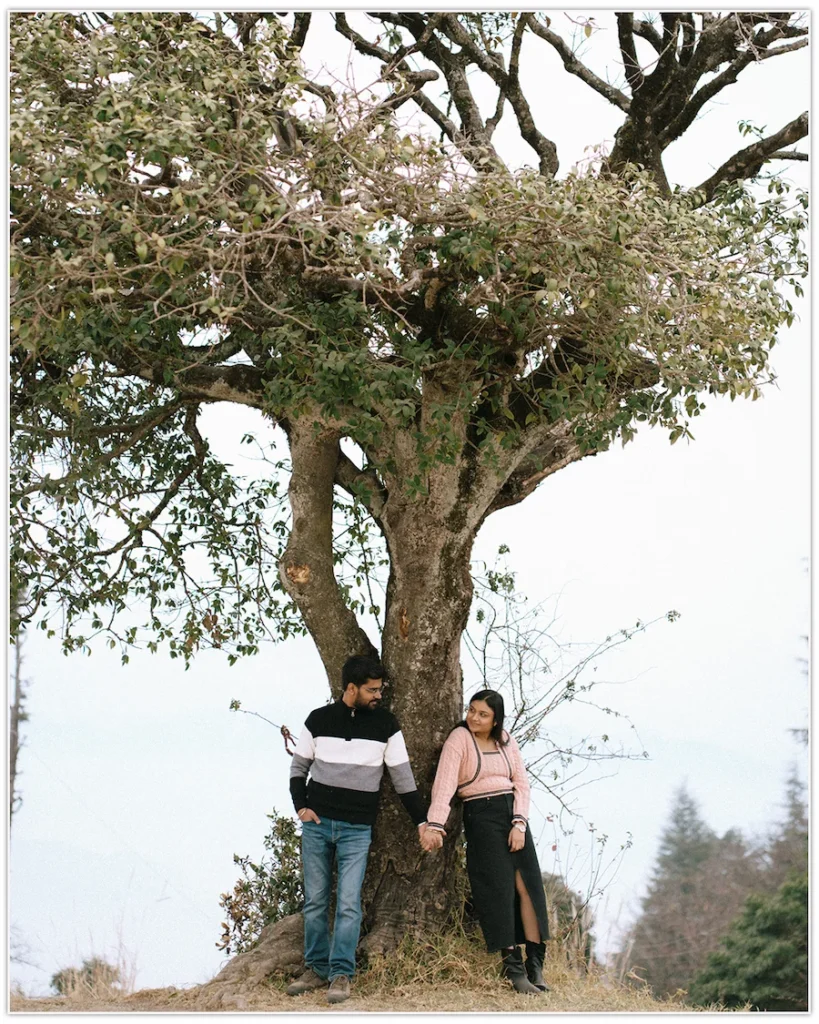 Couple posing beneath a heritage tree showcasing the best time for pre-wedding shoot in Dehradun