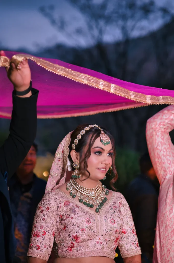 Elegant bridal portrait captured during traditional Indian wedding ceremony